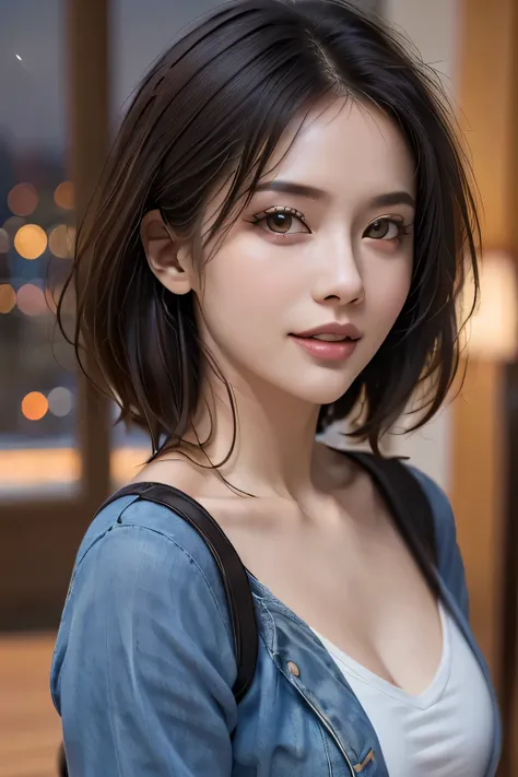 (highest quality, 8k, 32K, masterpiece), (Realistic), (Realistic:1.2), (High resolution), (night:1.7), Japan, cyber punk, City View, In front of the window,Wooden floor, 
Blue jacket, Grey Shirt, clavicle, jewelry, gem, Brunette Bob, 
1 female, 45 years ol...