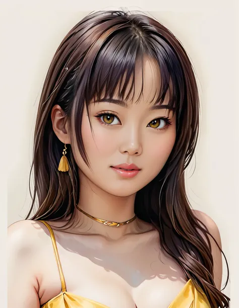 Japanese woman, watercolor pastels vector art Very beautiful woman, painting, thin lines ink contours, sketch, dress, body curves, movement, glamour, gold thick chocker in your neck, yellow with neckline dress, concept art, aesthetic, bohemian, juicy color...