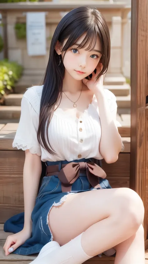 ((Detailed face, Cute Face)), (彼女は白い刺繍の入った長いスカートをyesている, Red blouse with lace, A white apron is tied around her waist, Blue socks, Brown leather shoes, She has a blue scarf wrapped around her head. yes, Her accessories include necklaces., Earrings, bracele...