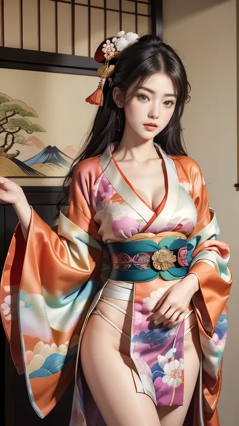 (Masseter membrane、Top quality、Ukiyo-e style、mystery、Exquisite beauty、Official Art、Sharaku:1.2)、(1 girl:1.3)、(Fractal Art:1.3)、Cowboy shooting、White skin、(Beautiful brunette、kimono:1.2)、Set against the backdrop of traditional Japanese performing arts、Color...