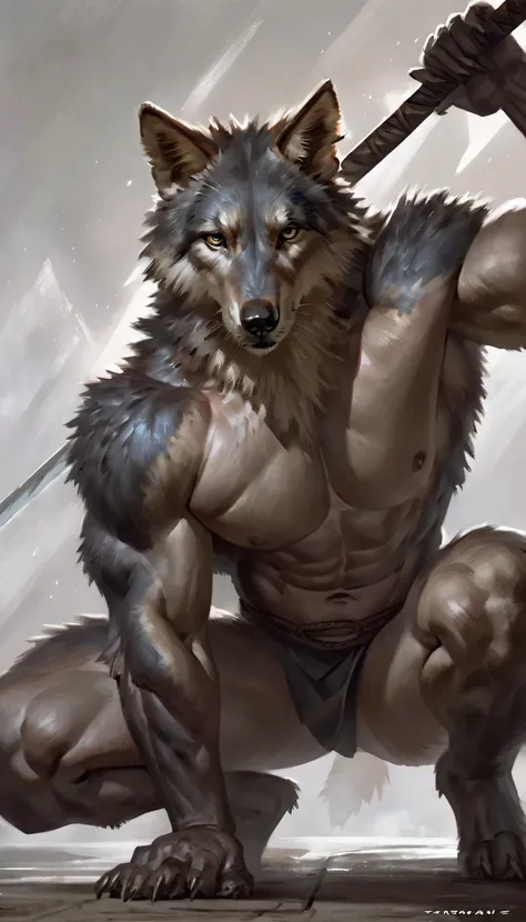 Anthro male grey wolf knight holding a two-handed great sword, Alone, arrogant expression, masterpiece, Best Art, Whole body, by taran violinist, detailed eyes, detailed body, claws, high, top-less, Pecs, ABS, Nipples, shoulder pads, squat pose