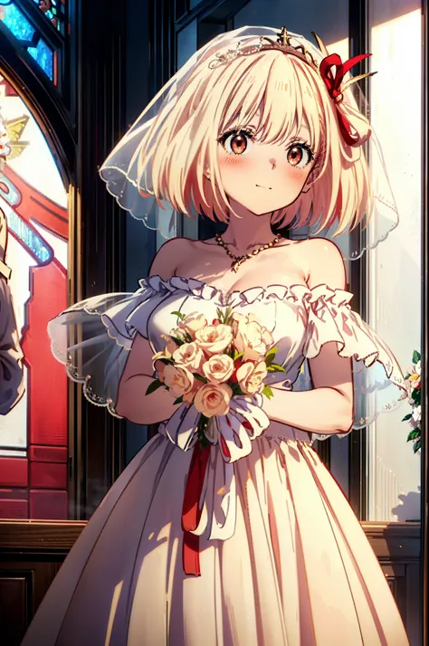 chisato nishikigi, short hair, bangs, blonde, (red eyes:1.5), hair ribbon, one side up, bobcut,veil,off-the-shoulder wedding dre...