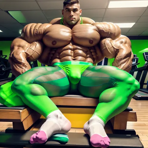 full view, full body, one handsome young artificially tanned white bald over-muscular man in neon-green nylon socks, shirtless wearing neon-green lycra leggings and neon-green sheer socks, no shoes, gold chains, bracelets, rings, arrogantly sitting on benc...