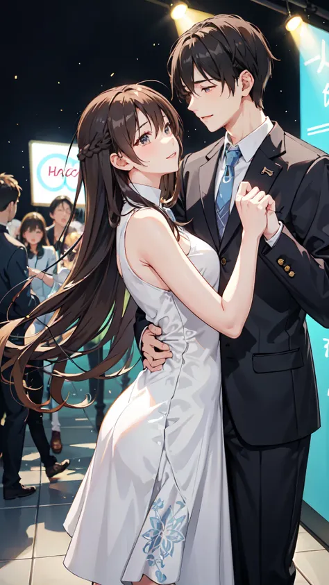 A girl with light blue long hair wearing a dress. On a date with a guy、dance hall、In the spotlight、The two of them are embracing each other、A man in a suit kissing、A woman in a sexy dress

