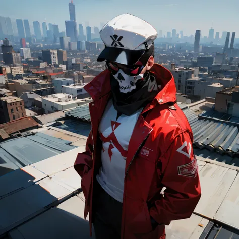 1male , white cap with a red x symbol , black shades, baggy red jacket , white compression shirt with a red x symbol on the ches...