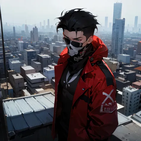 1male , white cap with a red x symbol covering eyes ,black shades,messy hair , undercut hair , black hair, baggy red jacket , wh...