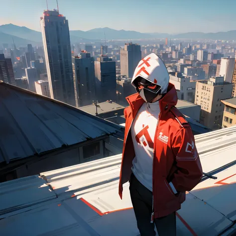 1male , White Ski mask with a red X Symbol , Baggy Red Jacket , White Compression Shirt with a Red X Symbol On The Chest , Standing on rooftop , Modern City Background 