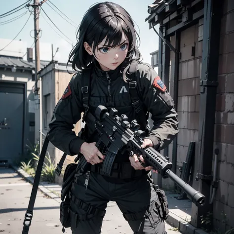 wielding the rifle and assuming the snipers stance,、A refined female soldier in a sleek black combat suit,。 H&the K HK416 shines in 8K resolution,、incredibly realistic in every detail.。As she takes aim,、Lens flares accentuate the weapons barrel,、Her expres...