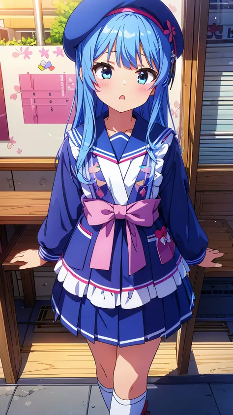 One girl only girl masterpiece、Superior image quality、超High resolution、blue hairs、blush、mock、Open your mouth a little、casual clothes、casual miniskirt、Wearing a small beret、japanese amusement park school uniform navy