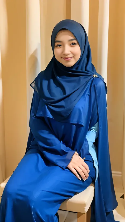 Malay girl in hijab, (wearing elegant abaya), medium breast, breast about to burst out, portrait photography, mid shot photo, ultra detail, professional photograph with professional lighting, smile, light blue studio background, sitting on the chair, in a ...