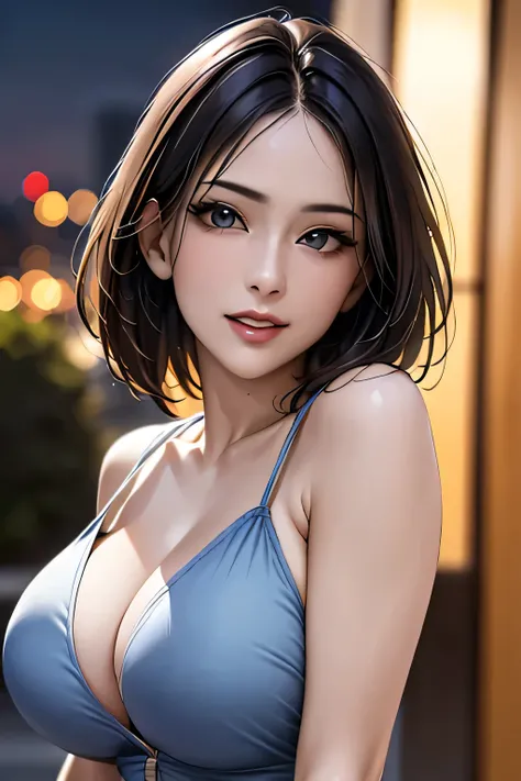 (highest quality, 8k, 32K, masterpiece), (Realistic), (Realistic:1.2), (High resolution), (night:1.7), Japan, cyber punk, City View, In front of the window,Wooden floor, 
Blue jacket, Grey Shirt, clavicle, jewelry, gem, Brunette Bob, 
1 female, 45 years ol...