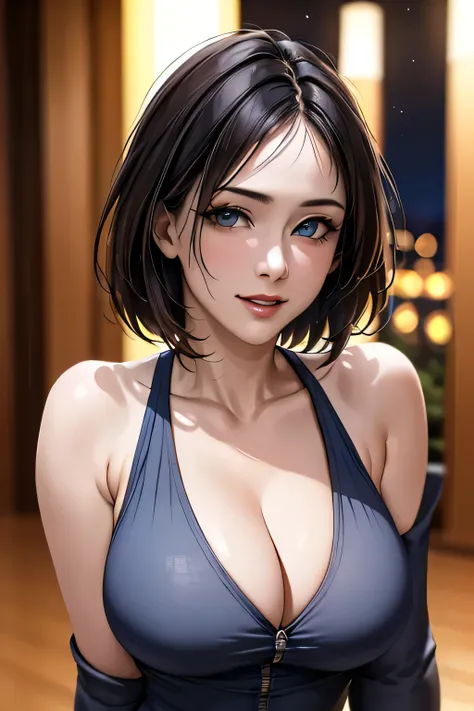 (highest quality, 8k, 32K, masterpiece), (Realistic), (Realistic:1.2), (High resolution), (night:1.7), Japan, cyber punk, City View, In front of the window,Wooden floor, 
Blue jacket, Grey Shirt, clavicle, jewelry, gem, Brunette Bob, 
1 female, 45 years ol...