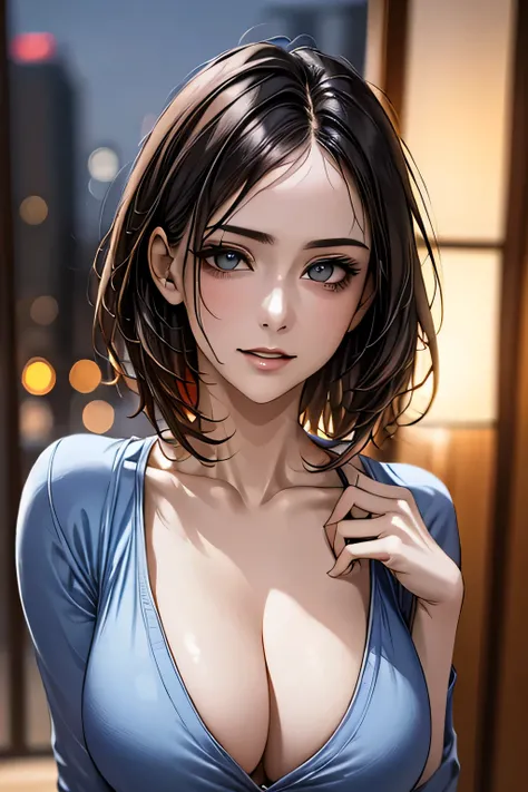 (highest quality, 8k, 32K, masterpiece), (Realistic), (Realistic:1.2), (High resolution), (night:1.7), Japan, cyber punk, City View, In front of the window,Wooden floor, 
Blue jacket, Grey Shirt, clavicle, jewelry, gem, Brunette Bob, 
1 female, 45 years ol...