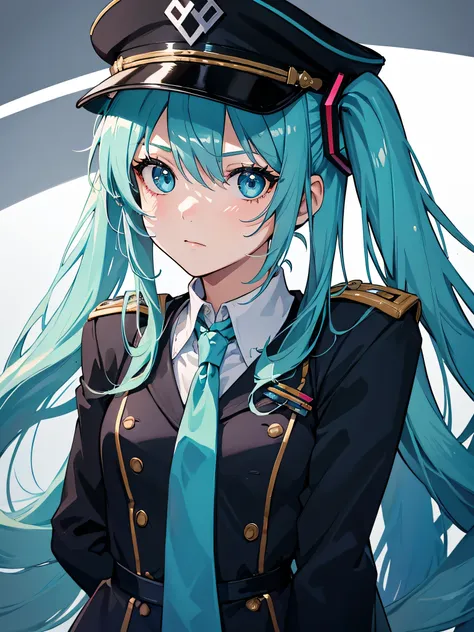 1girl, blue long hair, Hatsune Miku, A stern expression on her face, nazi uniform, military uniform, Black cap