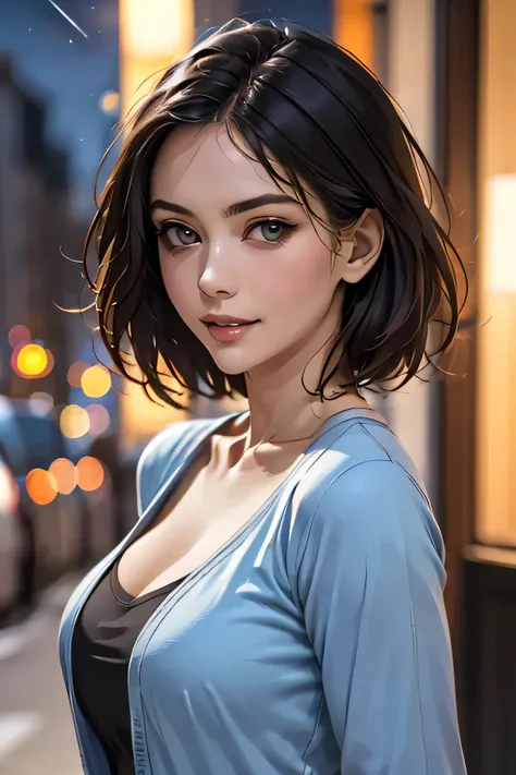 (highest quality, 8k, 32K, masterpiece), (Realistic), (Realistic:1.2), (High resolution), (night:1.7), Japan, cyber punk, City View, In front of the window,Wooden floor, 
Blue jacket, Grey Shirt, clavicle, jewelry, gem, Brunette Bob, 
1 female, 45 years ol...