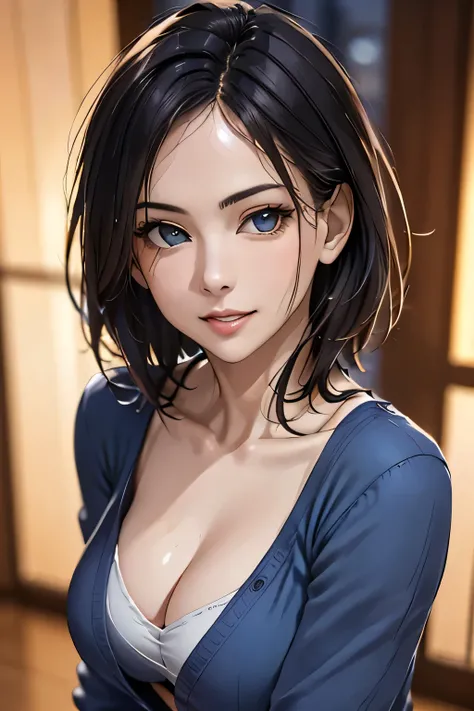 (highest quality, 8k, 32K, masterpiece), (Realistic), (Realistic:1.2), (High resolution), (night:1.7), Japan, cyber punk, City View, In front of the window,Wooden floor, 
Blue jacket, Grey Shirt, clavicle, jewelry, gem, Brunette Bob, 
1 female, 45 years ol...