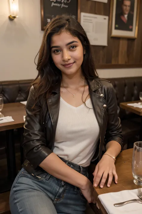 ((best quality)), ((masterpiece)), (detailed), 
A 21 year old beautiful Indian girl with long hair smiling face beautiful eyes wearing brown leather jacket and jeans pant sitting beside a white British man person who is wearing suit coat pant dress in a re...