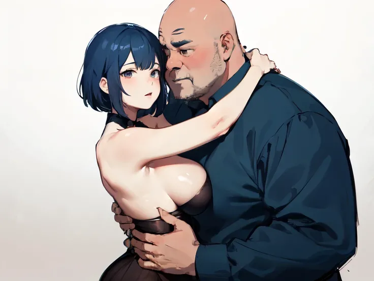 masterpiece, high quality, highres, sketch, rough colors, flat, 1girl, 1boy, 1girl1boy, couple, short blue hair, black stockings, big breasts, groping, hugging, fat man, bald