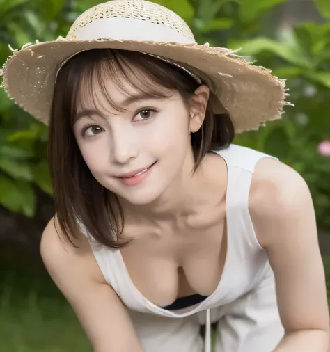 Highest quality、masterpiece、Ultra-high resolution、、Clear photos、very cute、beautiful girl、very cute、Baby Face、Beautiful and delicate skin、smile、Wearing a white tank top、Wearing hot pants、Berry Short Cut、Wear a straw hat、thin、(Small breasts:1.6、Flat Chest:1....