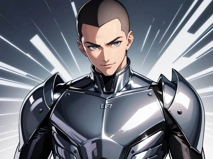 Handsome Japanese male models　　Black Hair　　 Shaved head　18-year-old　　　Kawaii Boy 　Shiny full-body silver suit　　　Shiny silver latex suit　　　future　Metal Body　　 Upper body close-up 　　smile　　　looking at the camera　Face close-up