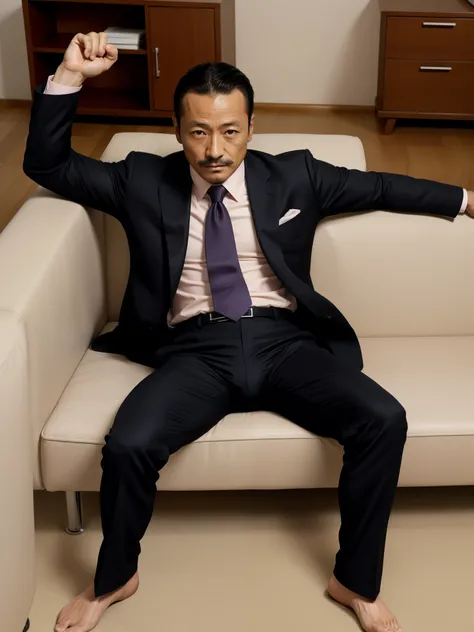 40 years old，Hidetoshi Nakata，（Kogoro Mori 1.3），whole body，Lean，muscle，office，black，foot，Suit，foot抬起，sofa，Baldhead ，transparent，Thick body hair，underwear，Topless，Densely hairy，Fortitude，HD，With a mustache