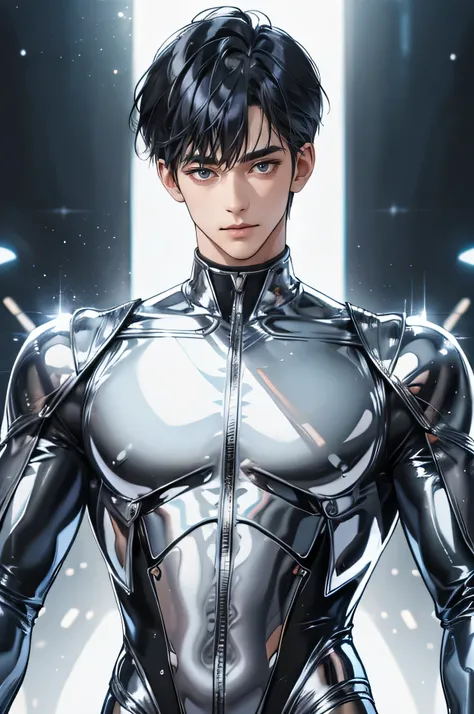 Handsome Japanese male models 22 years old smile Black Hair Short cut Short bangs looking at the camera Shiny full-body silver suit Shiny silver latex suit Mega Bulge looking at the camera future world Upper body close-up Face close-up F...