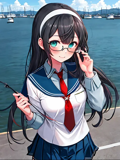 best quality, masterpiece, highres, solo, {ooyodo_kantaicollection:1.15}, black_hair, long_hair, glasses, hairband, semi-rimless_eyewear, under-rim_eyewear, blue_eyes, green_eyes, blush,small_breasts, 1girl, school_uniform, serafuku, pleats_skirt, looking_...