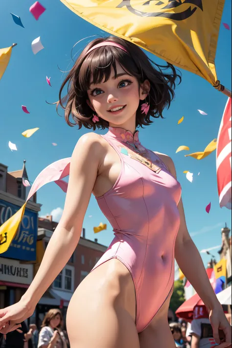 very cute and beautiful girl,(highly detailed beautiful face and eyes),(pink leotard:1.2),(sleeveless),(smile:1.2),happy,
festival in town street,(parade:1.2),(many people wearing pastel costume),flags,confetti in sky,outdoors,depth of field,
cowboy shot,s...