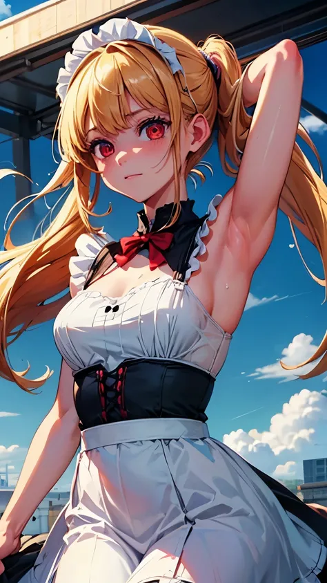 {Highest quality}. {so beautiful}. {Super detailed}, {Best illustrations}, A girl whose armpits smell bad、looking at armpit、Humiliating、Disgusted face、Maid clothes、Blonde、Red eyes、ponytail