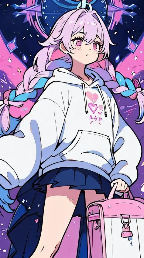 a majestic girl pastel purpel color hair wearing a hoodie using magic lose braids