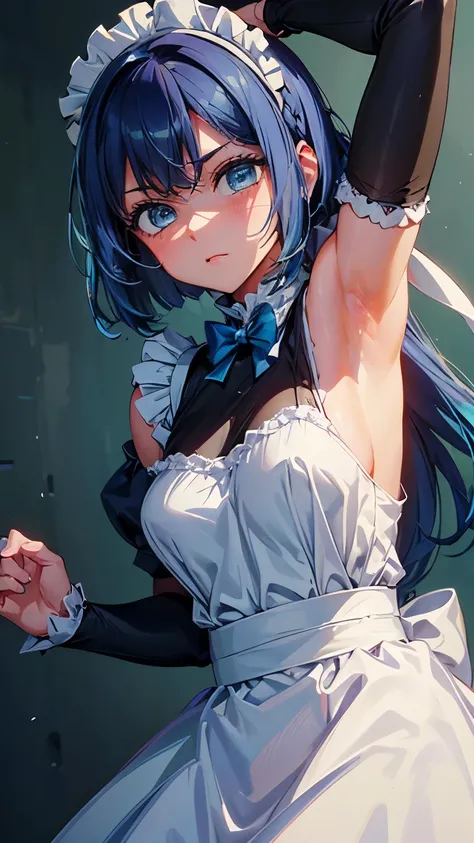 {Highest quality}. {so beautiful}. {Super detailed}, {Best illustrations}, A girl whose armpits smell bad、looking at armpit、Humiliating、Disgusted face、Maid clothes、Blue Hair、blue eyes、Bob Hair