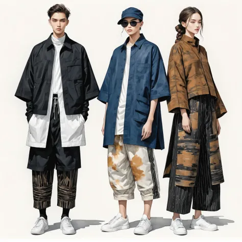 candid fashion illustration a group of young 2man and 1girl models, aged 18-23 year old, tall and slender, Mixed race super model, ((showcase in fashionable cotton outfits inspired by designer Yohji Yamamoto collection)), in elegant and Avant-garde Fashion...