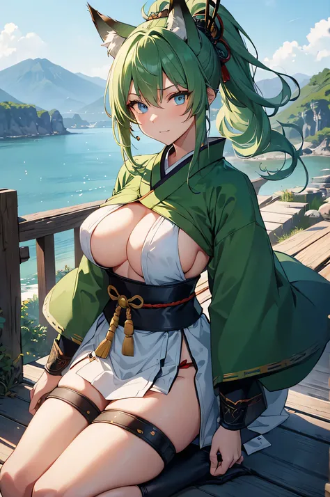 4K,High resolution,One Woman,Green Hair,Long Ponytail,Fox ears,Blue eyes,Big Breasts,Samurai,白色のSamuraiの鎧,Sideboob,Full Armor,White gloves,White shoes,Jewelry decoration,Japanese sword,Medieval village