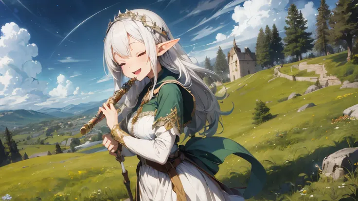 elf girl with white hair, wearing medieval dress, playing flute on top the hill srrounding by vast green field, happy face closed eyes.