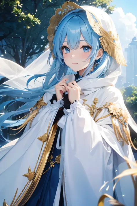 Feather coat、Sky blue hair、Golden Eyes、White-based clothing、Veil