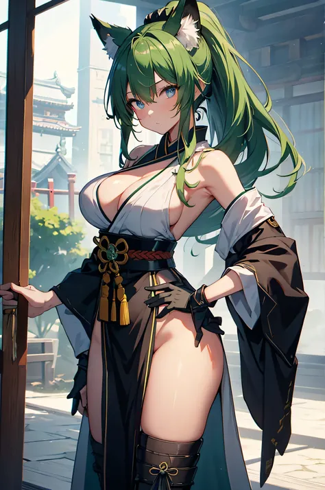 4K,High resolution,One Woman,Green Hair,Long Ponytail,Fox ears,Blue eyes,Big Breasts,Samurai,白色のSamuraiの鎧,Sideboob,Full Armor,White gloves,White shoes,Jewelry decoration,Japanese sword,Medieval village