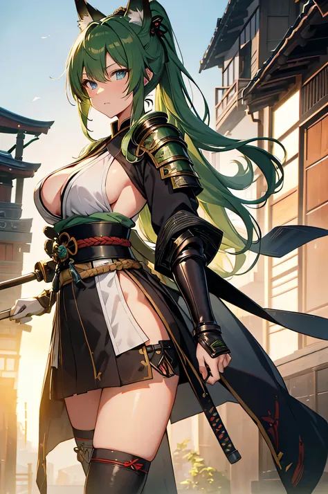 4K,High resolution,One Woman,Green Hair,Long Ponytail,Fox ears,Blue eyes,Big Breasts,Samurai,白色のSamuraiの鎧,Sideboob,Heavy Armor,Full Armor,White gloves,White shoes,Jewelry decoration,Japanese sword,Medieval village