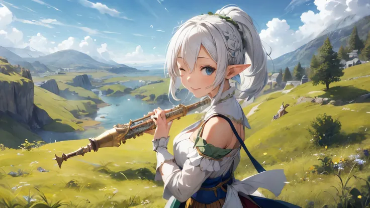 elf girl with white hair, wearing medieval dress, playing flute on top the hill srrounding by vast green field, happy face closed eyes.