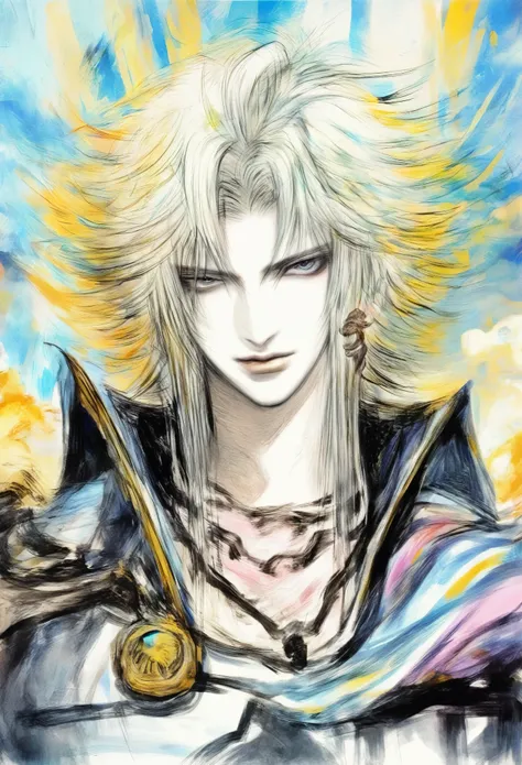 (solo):1.5, a drawing of a man with an armor, Hyoga, bastien yoshitaka amano, inspired by Yoshitaka Amano, knights of the zodiac, yoshitaka amano, white armor with blue, portrait knights of the zodiac, Hyoga saint seiya, yoshitaka amano style, yoshitaka am...