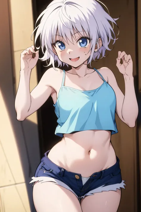 masterpiece、最high quality、high quality、1 person、solo、Open your mouth、tongue、View your viewers、killua zoldyck、white camisole、belly button、Denim shorts、With medium-sized breasts、Cowboy Shot、Silver Hair、(trembling:1.3)、smile、
