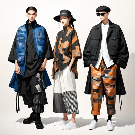 candid fashion illustration a group of young 2man and 1girl models, aged 18-23 year old, tall and slender, Mixed race super model, ((showcase in fashionable cotton outfits inspired by designer Yohji Yamamoto collection)), in elegant and Avant-garde Fashion...