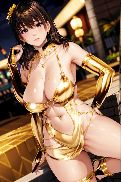 nanami, ultra realistic 8k cg, flawless, masterpiece, solo, 1girl, casino, rich, night dress, cutout, necklace, earring, golden, face focus, gleaming skin, elbow gloves, cleavage, shiny dress