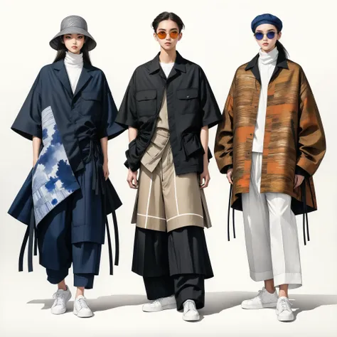 candid fashion illustration a group of young 2man and 1girl, aged 18-23 year old, tall and slender, Mixed race super model, ((showcase in fashionable linen outfits inspired by designer Yohji Yamamoto)), in elegant and Avant-garde Fashion style of ((hand-wo...