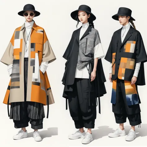 candid fashion illustration a group of young 2man and 1girl, aged 18-23 year old, tall and slender, Mixed race super model, ((showcase in fashionable linen outfits inspired by designer Yohji Yamamoto)), in elegant and Avant-garde Fashion style of ((hand-wo...