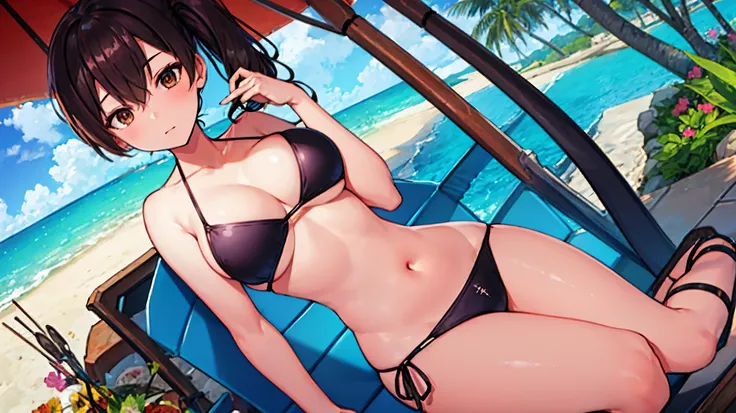 Beautiful illustration、top-quality、Kaga_kantaicollection
brown_hair, Side_Ponytail, brown_Eyes, Short_hair, (big_breasts:1.5) long_hair、Blue Bikini、 coast_landscape,(abs:0.5),navel,solo,(light_smile:0.6),(solo:1.5)。sandals,