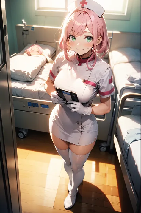 1girl, solo, nurse, white nurse cap, white nurse uniform, ((white legwear, zettai ryouiki)), white gloves, pink hair, green eyes, drooping eyes, smile, standing, ((hospital room)), sharp outline, short sleeves, best quality, masterpiece