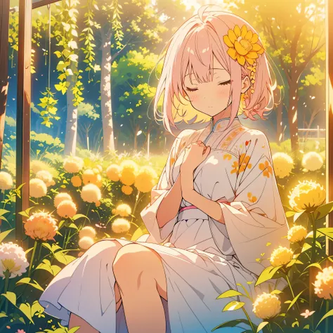 kawaii, anime, Cute, hyper quality, highly detailed, 8k, Clarity, Draw facial expressions in detail, A young girl with short light pink hair and closed eyes, pray with your hands on your chest, expression of agony, A yellow spherical allium blooms at my fe...