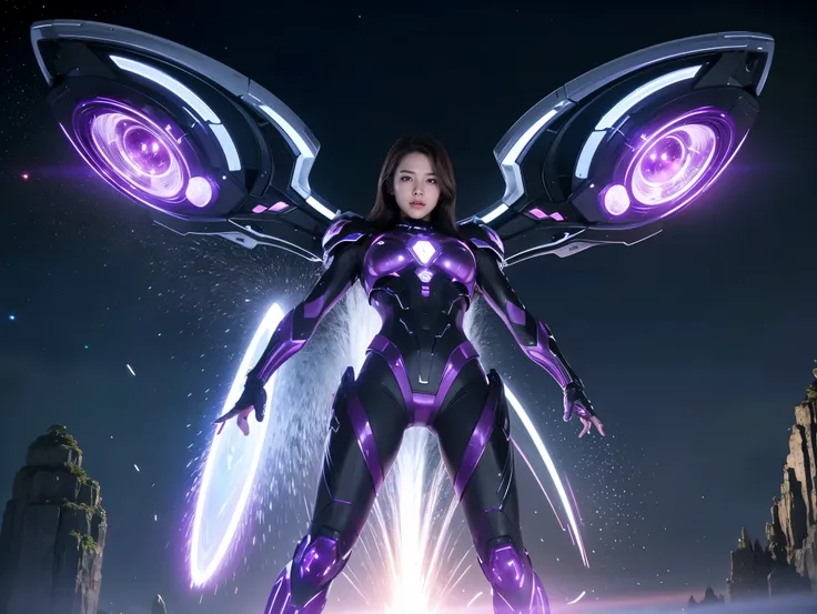 (RAW Photos, Highest quality), (Realistic, Photorealistic:1.3), 1 person、Realisticbody、Purple battle costume、Meteor warrior flying from space、Fight against the octopus aliens、Octopus、Shielded Reflector Laser、smile、