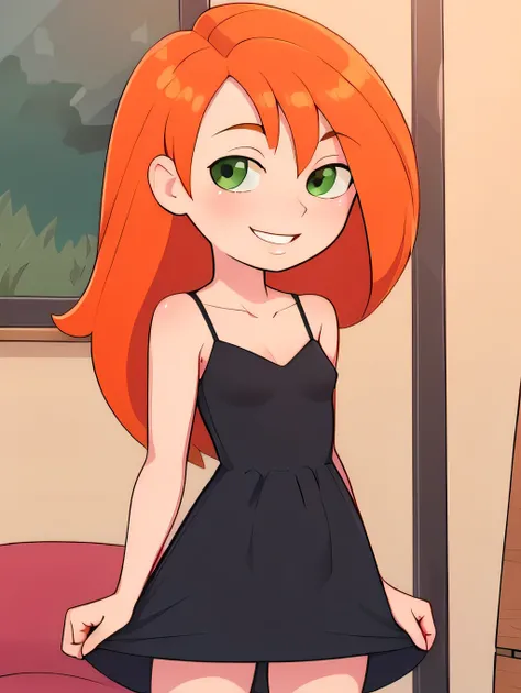 Best_QualityPos, RAW photo, intricate details, best quality, 8k uhd, soft lighting, 1girl, solo, green eyes, orange hair, long hair, black dress, collarbone, loose clothes, sleeveless, smile, thighs, indoor, Flat art