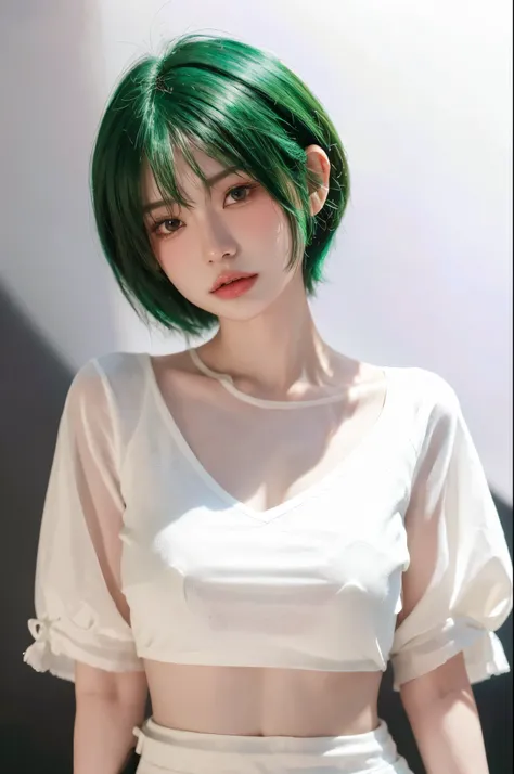 HDR, UHD,8K, face High Quality, nokiapretty, white Thin shirt , (((black background 8k))),  short hair, greenhair , sexy,